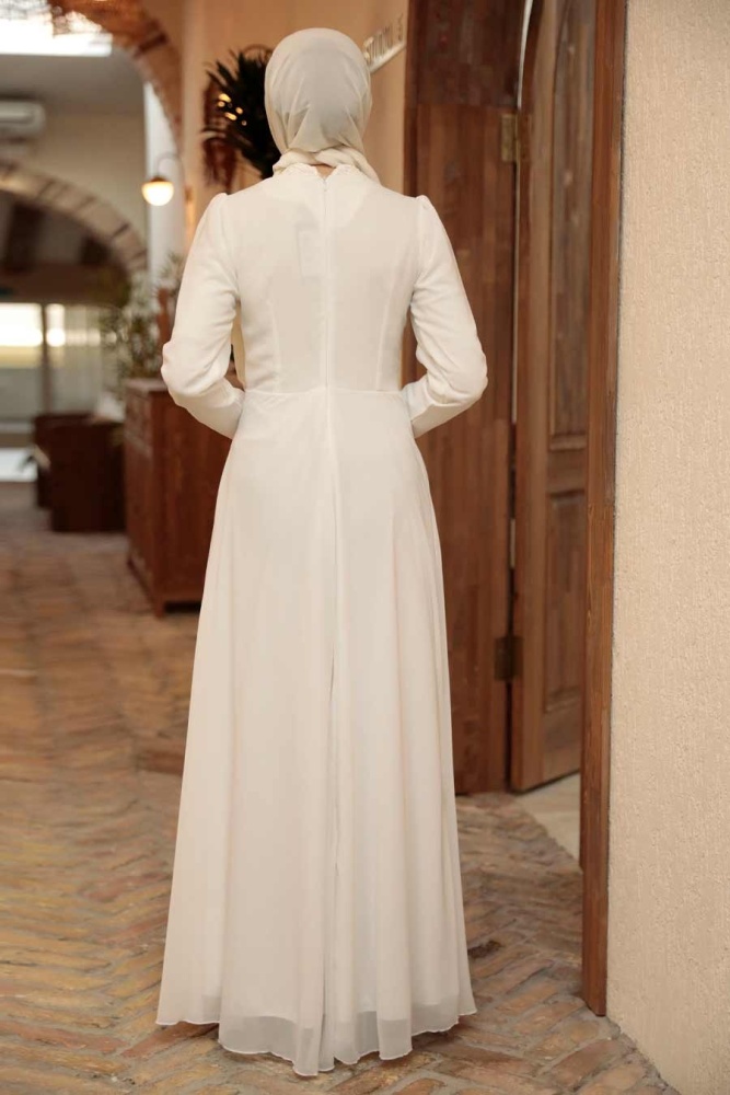 Tesettürlü Abiye Elbise - Robe de soirée Hijab blanche 56280B - 2