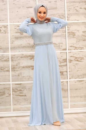Tesettürlü Abiye Elbise -Robe de soirée hijab bleu bébé 79380BM - 1