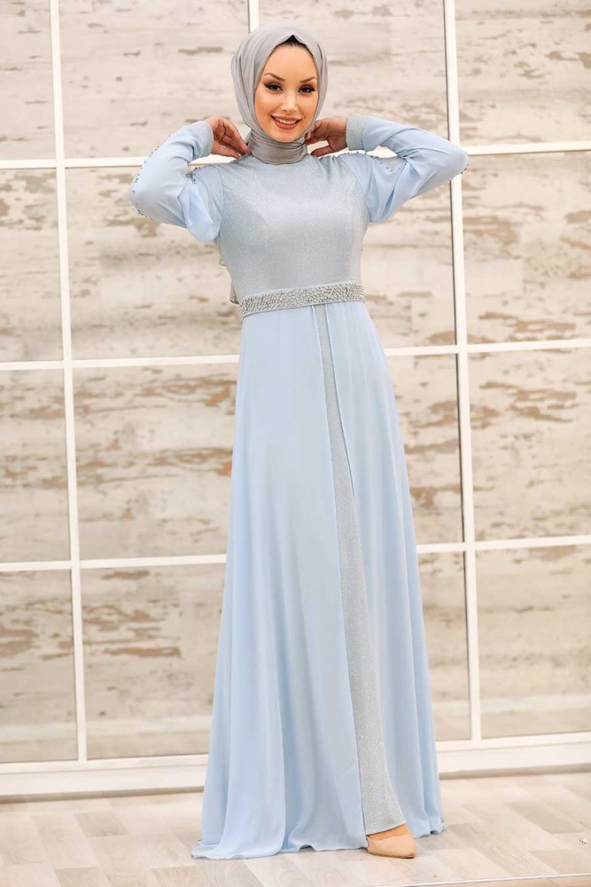 Tesettürlü Abiye Elbise -Robe de soirée hijab bleu bébé 79380BM - 1