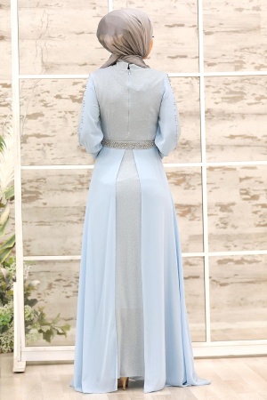 Tesettürlü Abiye Elbise -Robe de soirée hijab bleu bébé 79380BM - 2