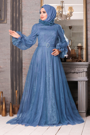 Tesettürlü Abiye Elbise - Robe de Soirée Hijab Bleu Indigo 21820IM - 1