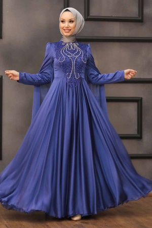 Tesettürlü Abiye Elbise - Robe de Soirée Hijab Bleu Indigo 22140IM - 1