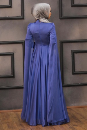 Tesettürlü Abiye Elbise - Robe de Soirée Hijab Bleu Indigo 22140IM - 2