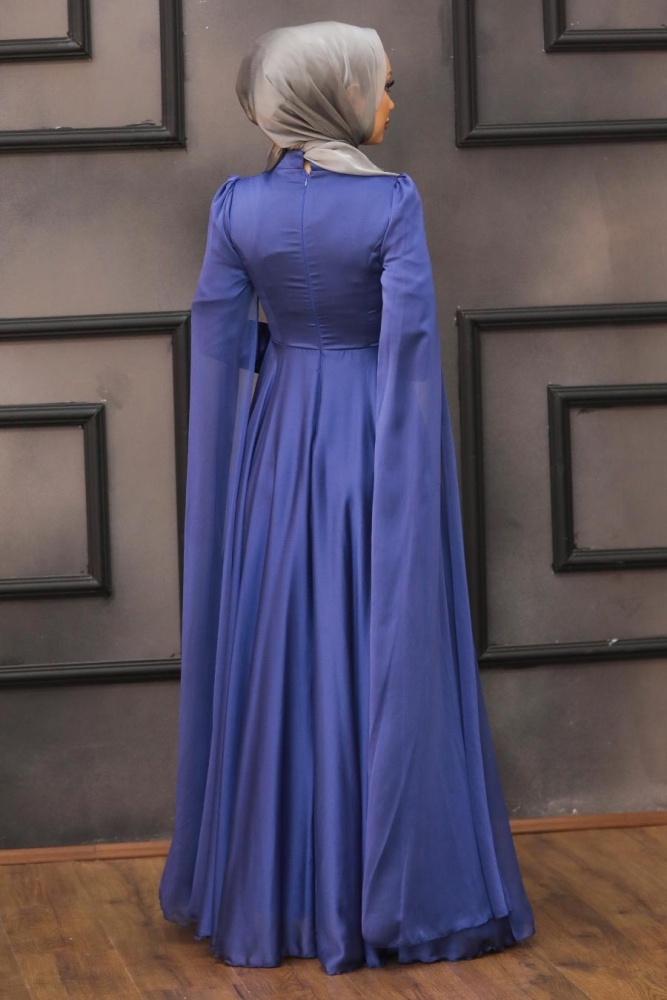 Tesettürlü Abiye Elbise - Robe de Soirée Hijab Bleu Indigo 22140IM - 2
