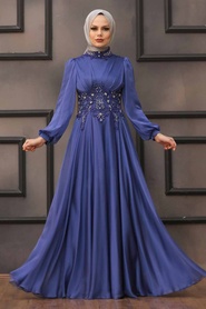 Tesettürlü Abiye Elbise - Robe de Soirée Hijab Bleu Indigo 22150IM - Thumbnail