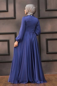 Tesettürlü Abiye Elbise - Robe de Soirée Hijab Bleu Indigo 22150IM - Thumbnail