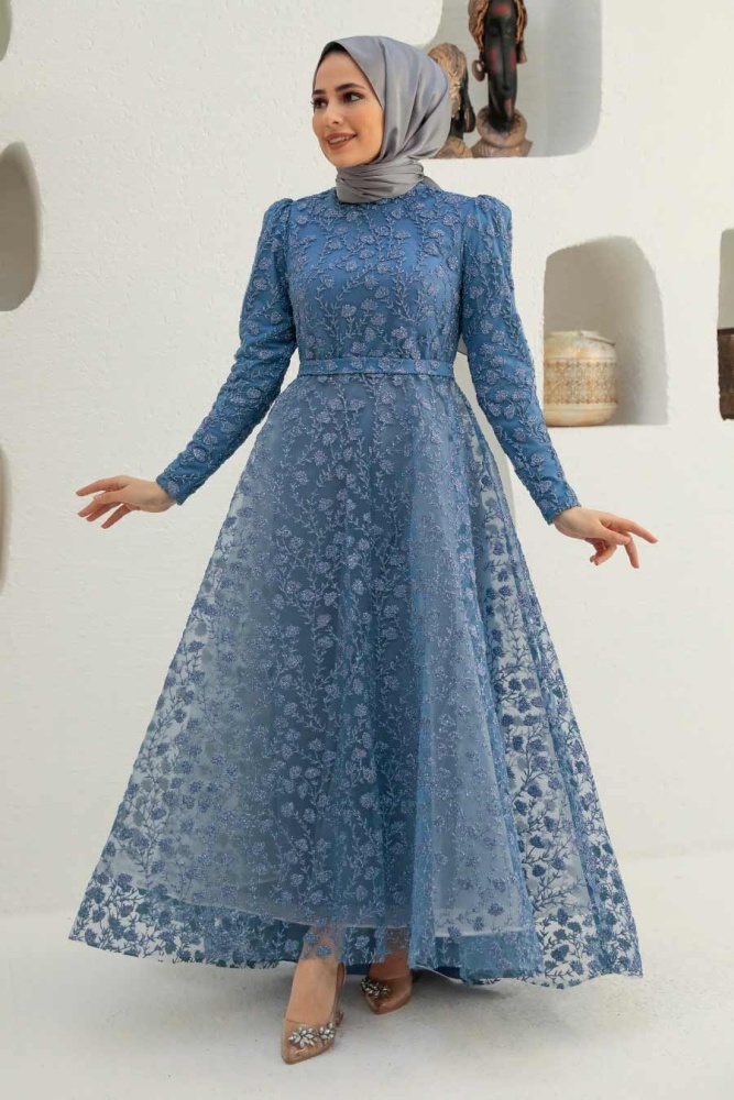 Tesettürlü Abiye Elbise - Robe de Soirée Hijab Bleu Indigo 22510IM - 1