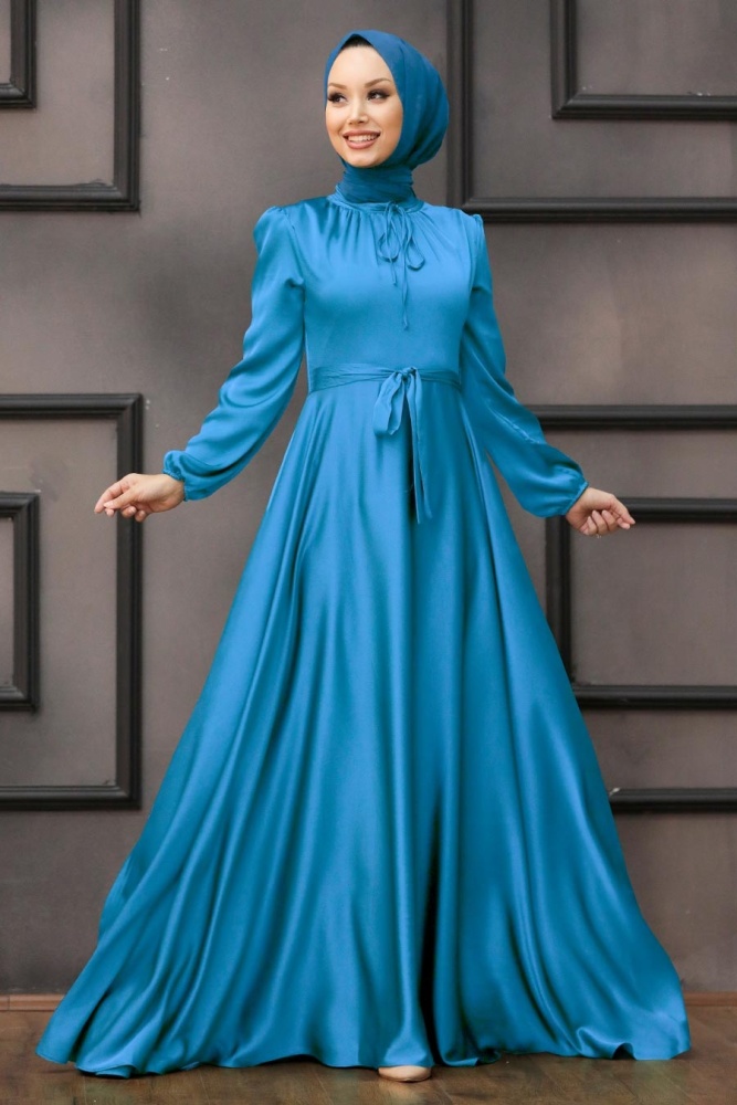 Tesettürlü Abiye Elbise - Robe de Soirée Hijab Bleu Indigo 25130IM - 1