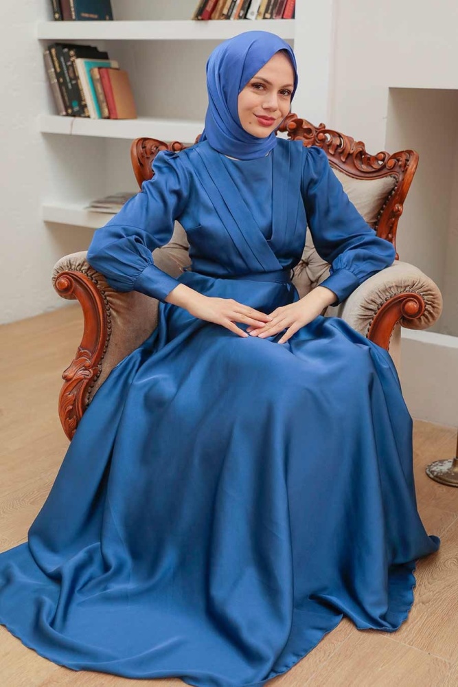 Tesettürlü Abiye Elbise - Robe de Soirée Hijab Bleu Indigo 3367IM - 4