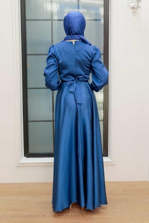 Tesettürlü Abiye Elbise - Robe de Soirée Hijab Bleu Indigo 3367IM - 5