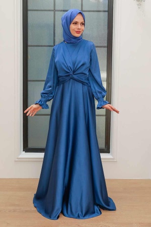 Tesettürlü Abiye Elbise - Robe de Soirée Hijab Bleu Indigo 3389IM - 1