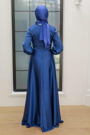 Tesettürlü Abiye Elbise - Robe de Soirée Hijab Bleu Indigo 3389IM - 2