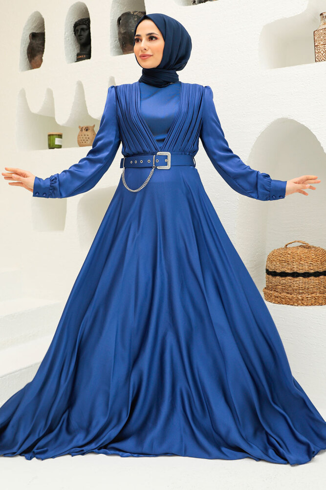  Tesettürlü Abiye Elbise - Robe de Soirée Hijab Bleu Indigo 3454IM - 1