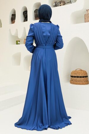  Tesettürlü Abiye Elbise - Robe de Soirée Hijab Bleu Indigo 3454IM - 3