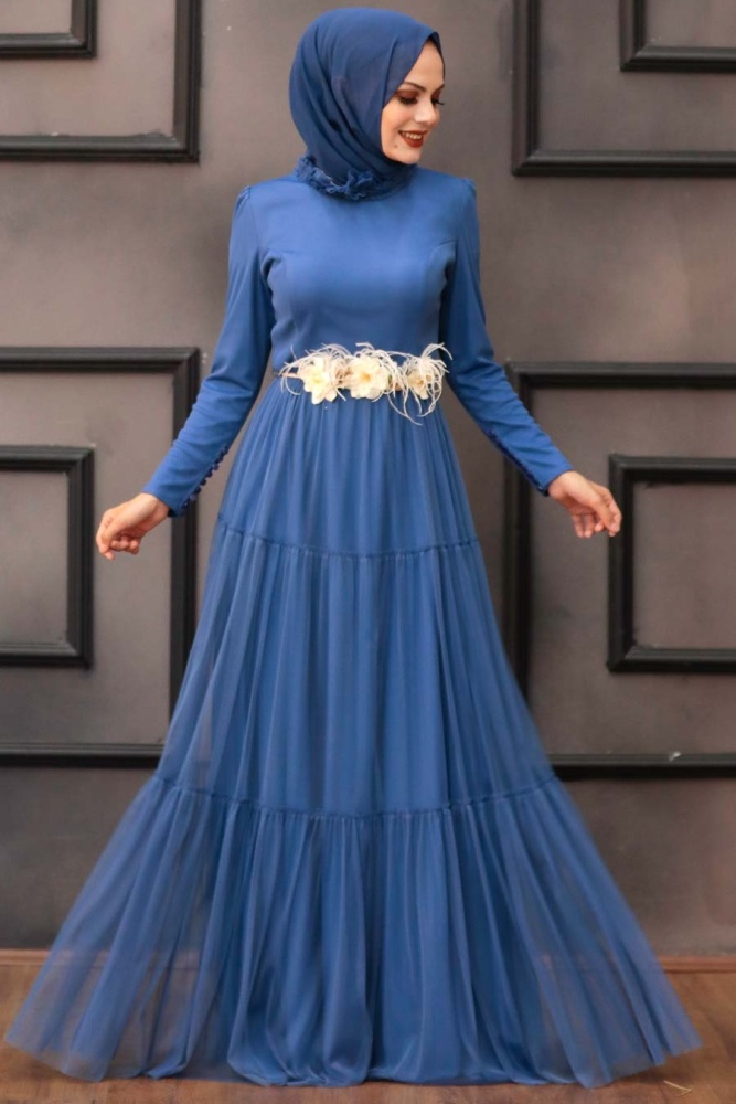 Tesettürlü Abiye Elbise - Robe de Soirée Hijab Bleu İndigo 4102IM - 1