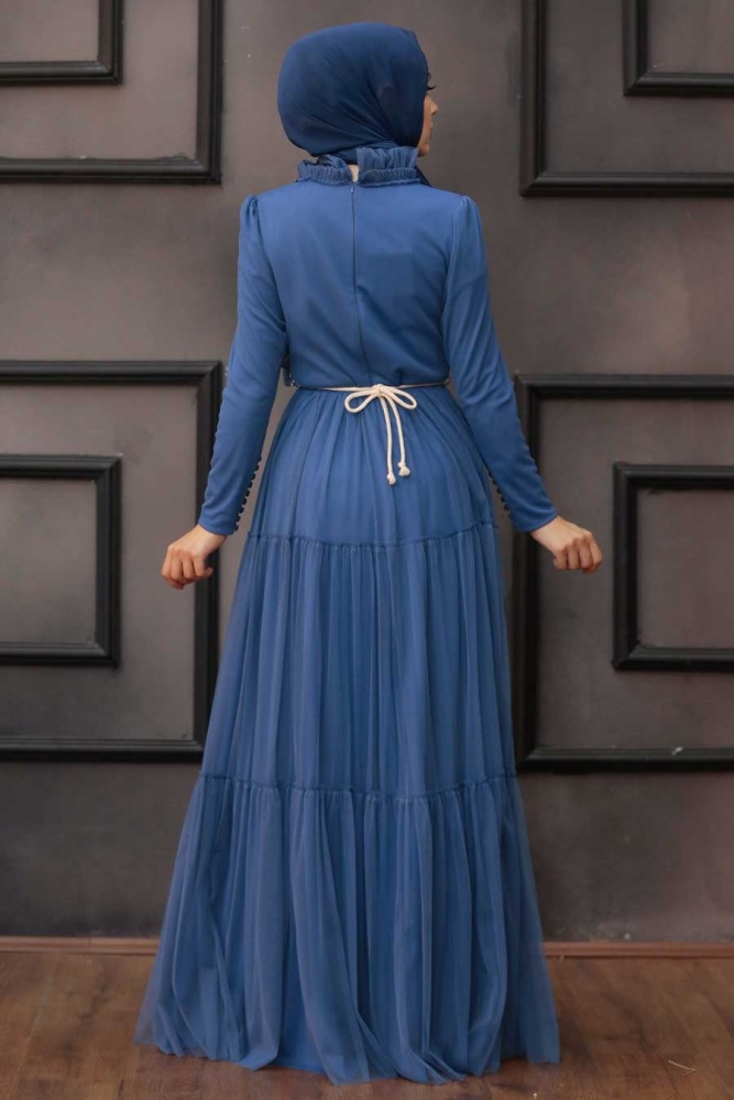 Tesettürlü Abiye Elbise - Robe de Soirée Hijab Bleu İndigo 4102IM - 2