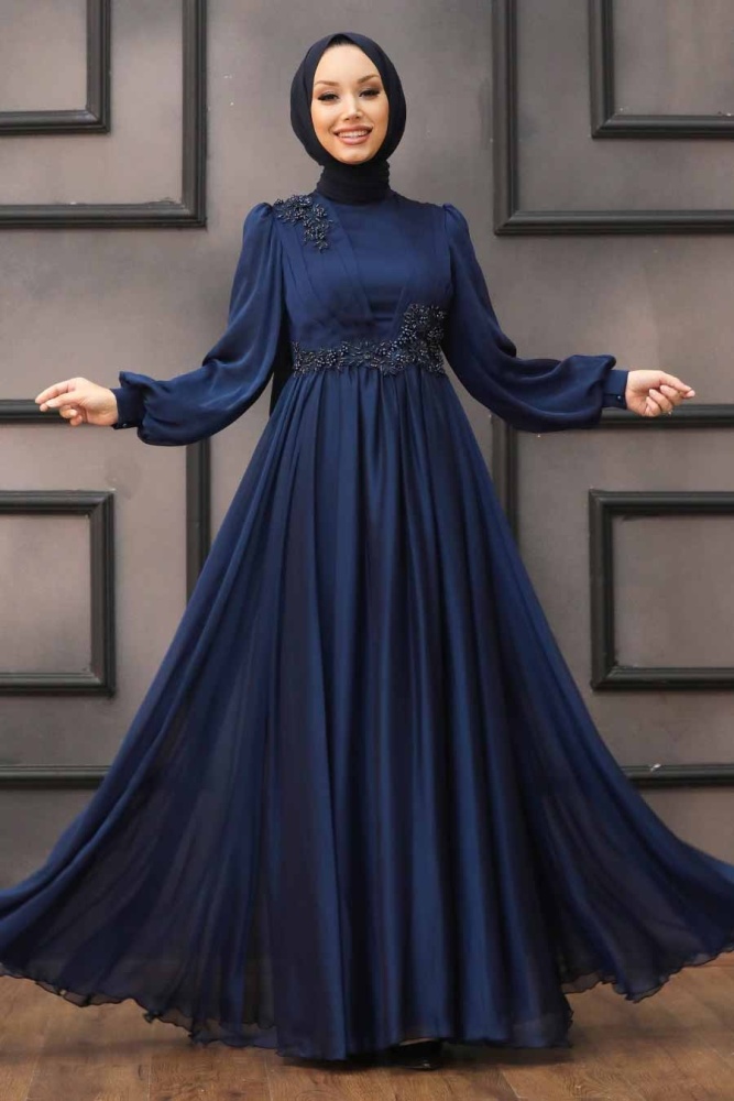 Tesettürlü Abiye Elbise - Robe de Soirée Hijab Bleu Marine 21630L - 1