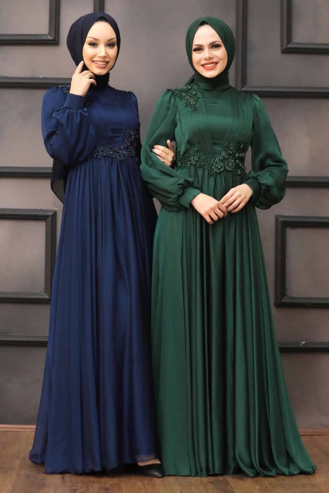 Tesettürlü Abiye Elbise - Robe de Soirée Hijab Bleu Marine 21630L - 2