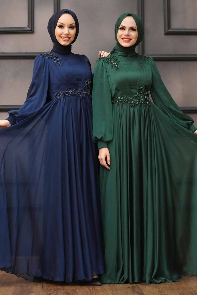 Tesettürlü Abiye Elbise - Robe de Soirée Hijab Bleu Marine 21630L - 3