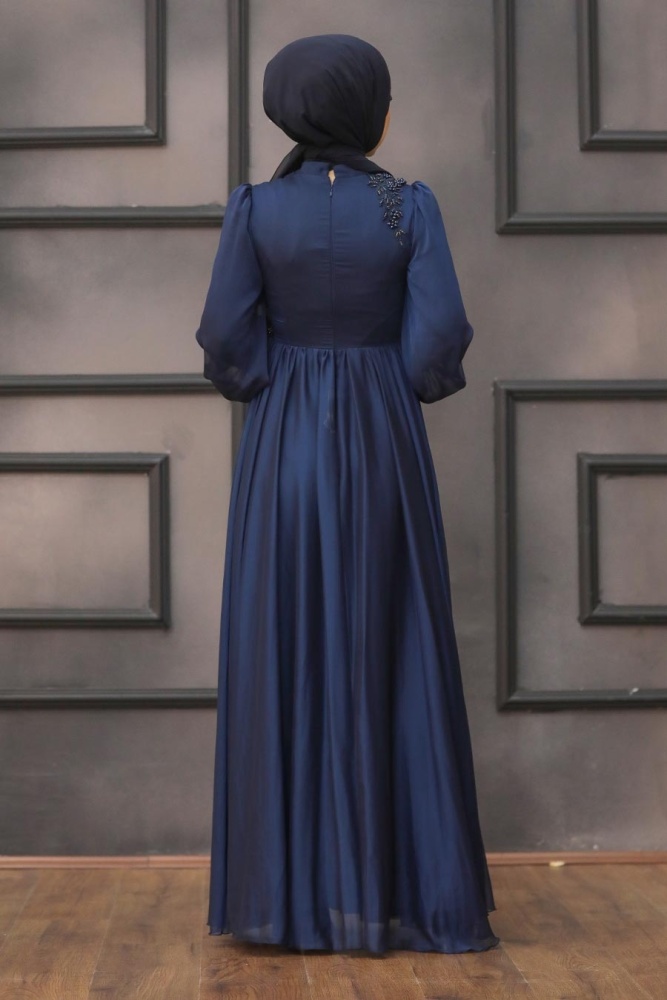 Tesettürlü Abiye Elbise - Robe de Soirée Hijab Bleu Marine 21630L - 4