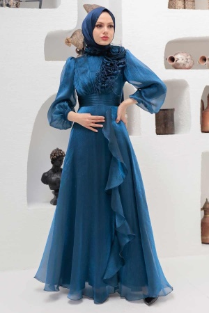 Tesettürlü Abiye Elbise - Robe de Soirée Hijab Bleu Marine 22321L - 1