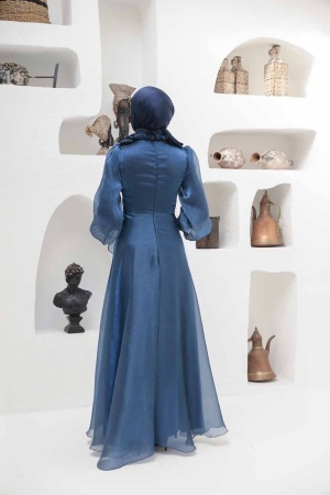 Tesettürlü Abiye Elbise - Robe de Soirée Hijab Bleu Marine 22321L - 3
