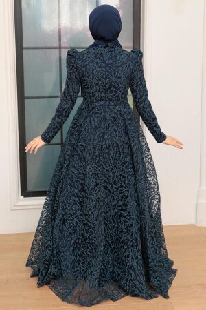Tesettürlü Abiye Elbise - Robe de Soirée Hijab Bleu Marine 22343L - 2