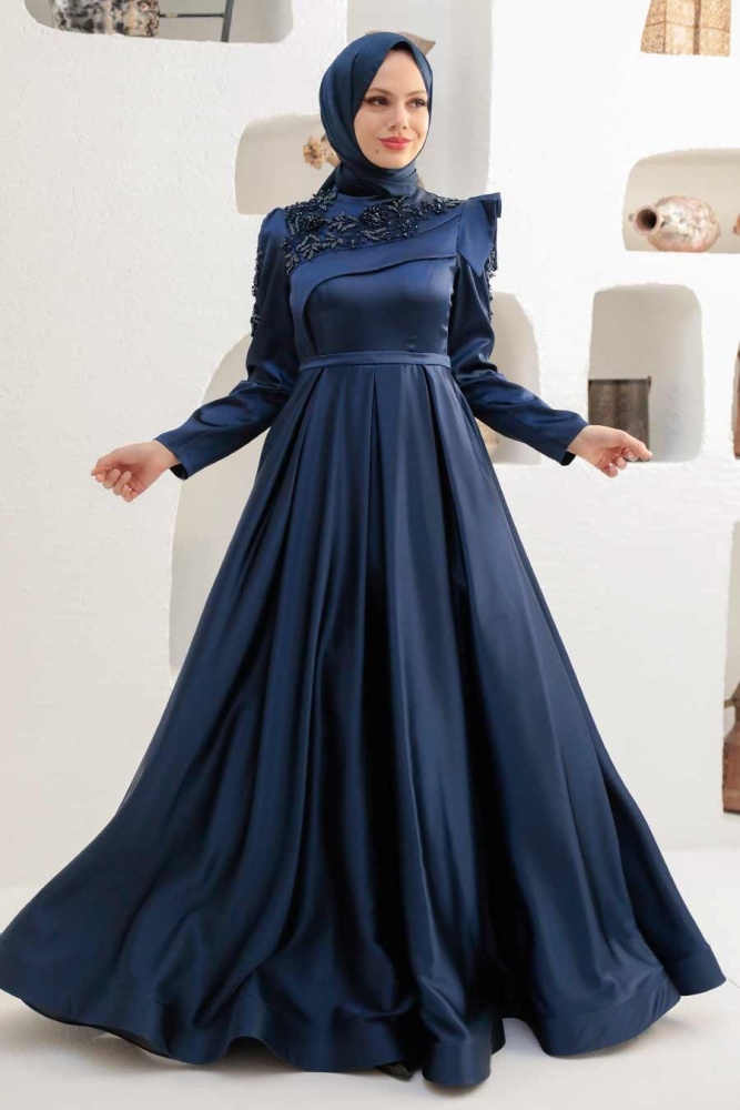 Tesettürlü Abiye Elbise - Robe de Soirée Hijab Bleu Marine 22351L - 2