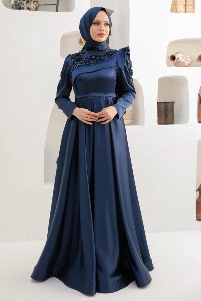 Tesettürlü Abiye Elbise - Robe de Soirée Hijab Bleu Marine 22351L - 1