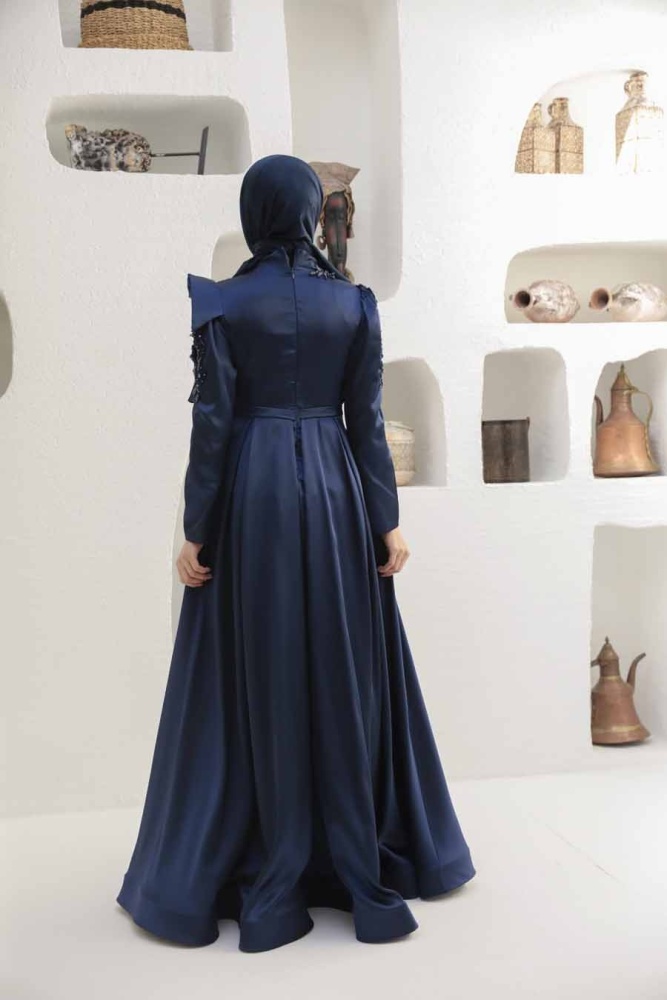 Tesettürlü Abiye Elbise - Robe de Soirée Hijab Bleu Marine 22351L - 3