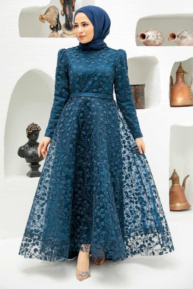 Tesettürlü Abiye Elbise - Robe de Soirée Hijab Bleu Marine 22510L - 1