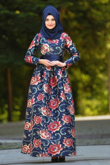 Tesettürlü Abiye Elbise - Robe de Soirée Hijab Bleu Marine 24411L - 1