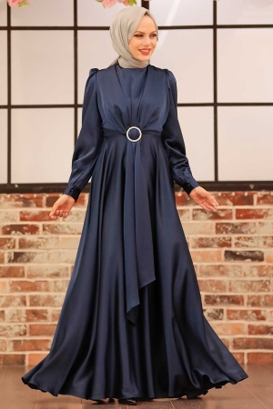 Tesettürlü Abiye Elbise - Robe de Soirée Hijab Bleu Marine 3145L - 2