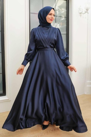 Tesettürlü Abiye Elbise - Robe de Soirée Hijab Bleu Marine 3367L - 1