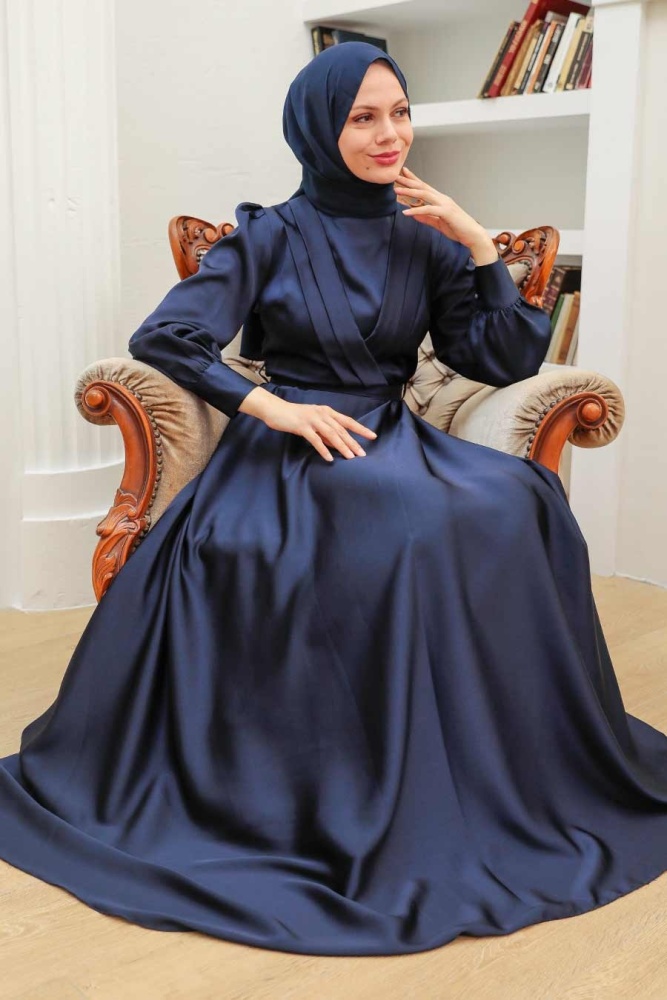 Tesettürlü Abiye Elbise - Robe de Soirée Hijab Bleu Marine 3367L - 2