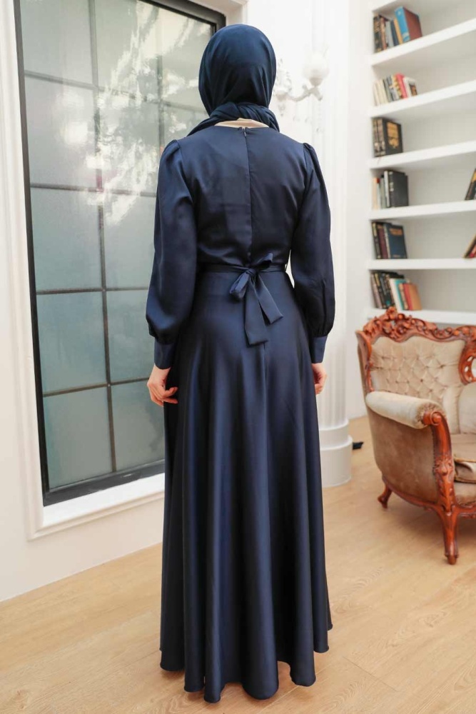 Tesettürlü Abiye Elbise - Robe de Soirée Hijab Bleu Marine 3367L - 3