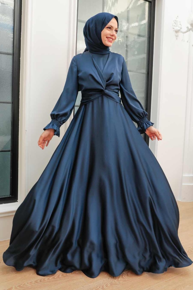 Tesettürlü Abiye Elbise - Robe de Soirée Hijab Bleu Marine 3389L - 1