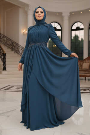 Tesettürlü Abiye Elbise - Robe de soirée hijab bleu pétrole 25807PM - 1