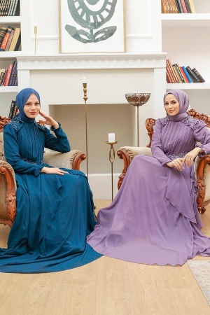 Tesettürlü Abiye Elbise - Robe de soirée hijab bleu pétrole 25807PM - 2