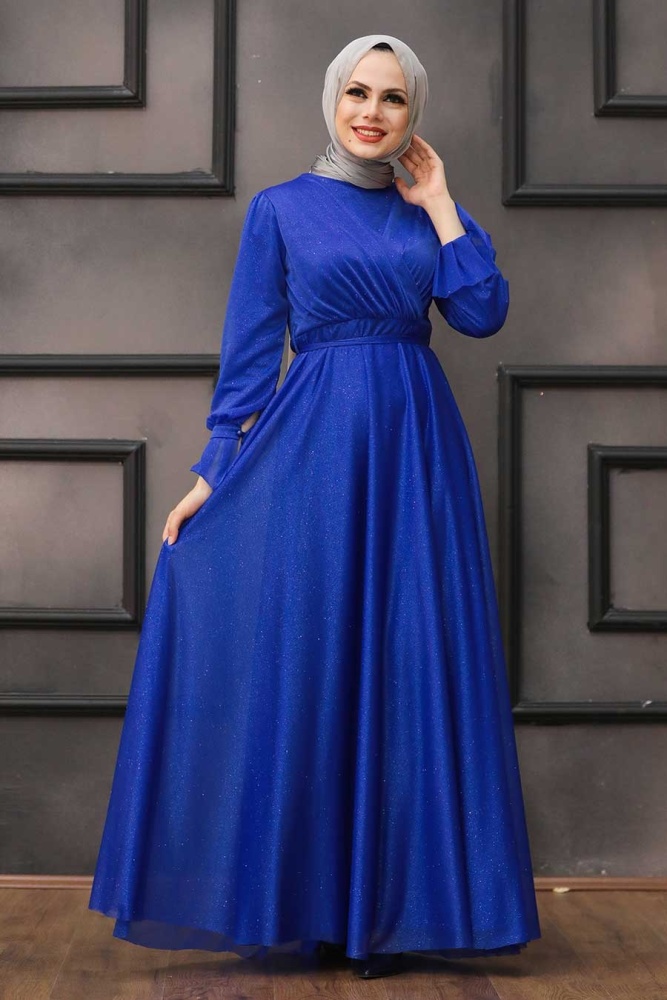 Tesettürlü Abiye Elbise - Robe de Soirée Hijab Bleu Sax 22202SX - 1