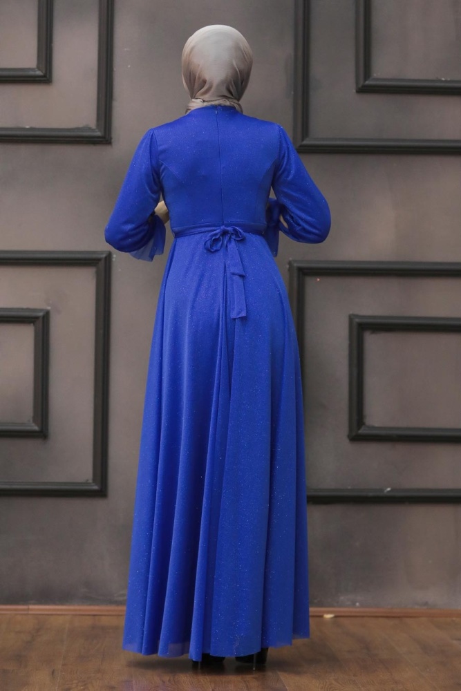 Tesettürlü Abiye Elbise - Robe de Soirée Hijab Bleu Sax 22202SX - 2
