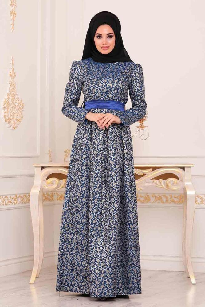 Tesettürlü Abiye Elbise - Robe de Soirée Hijab Bleu Sax 24415SX - 1