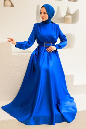 Tesettürlü Abiye Elbise - Robe de Soirée Hijab Bleu Sax 3378SX - 2