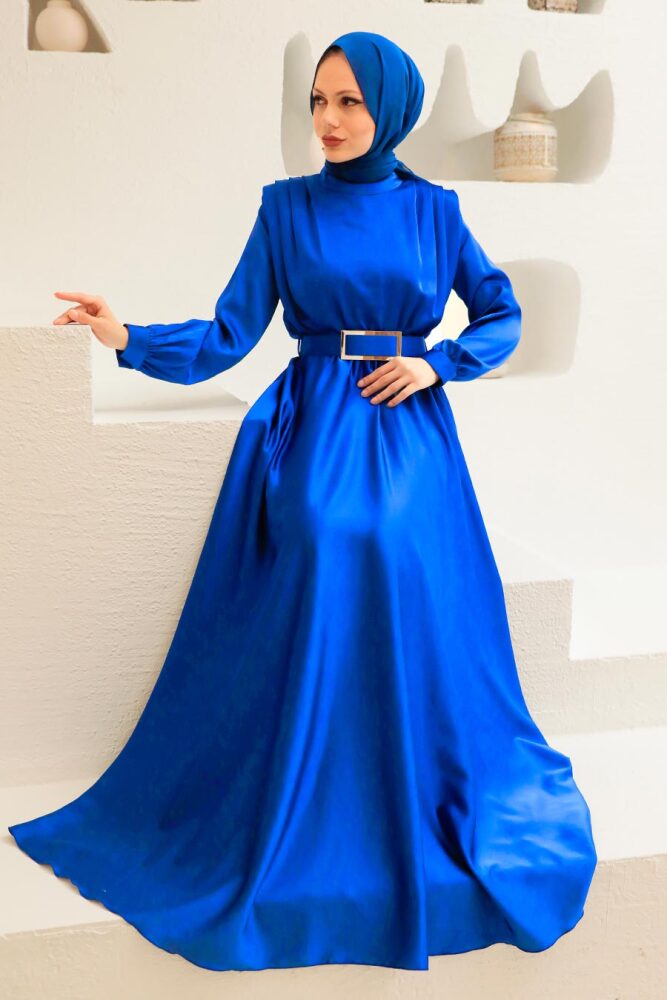 Tesettürlü Abiye Elbise - Robe de Soirée Hijab Bleu Sax 3378SX - 2