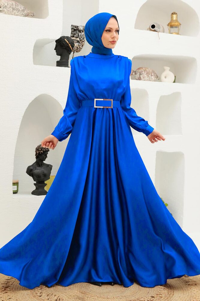 Tesettürlü Abiye Elbise - Robe de Soirée Hijab Bleu Sax 3378SX - 1
