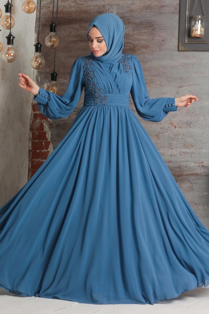 Tesettürlü Abiye Elbise - Robe de soirée Hijab bleue 21940M - 1