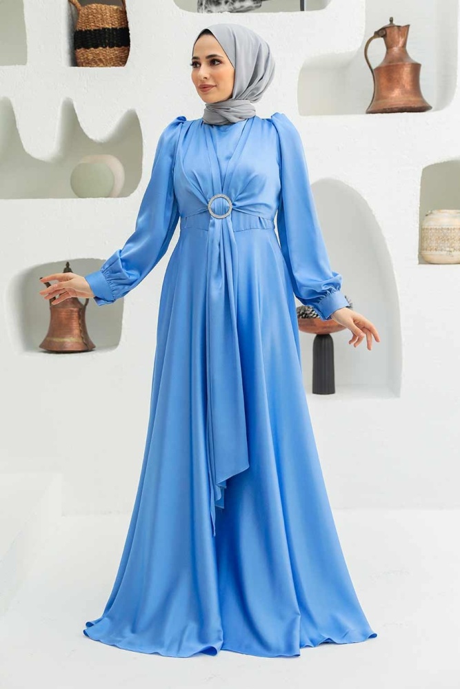 Tesettürlü Abiye Elbise - Robe de soirée hijab bleue 3145M - 1