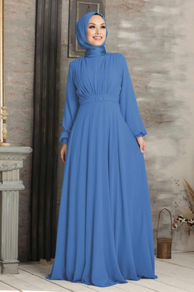 Tesettürlü Abiye Elbise - Robe de Soirée Hijab Bleue 5422M - 1