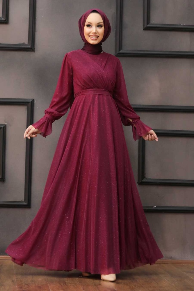 Tesettürlü Abiye Elbise - Robe de soirée hijab cerise 22202VSN - 1