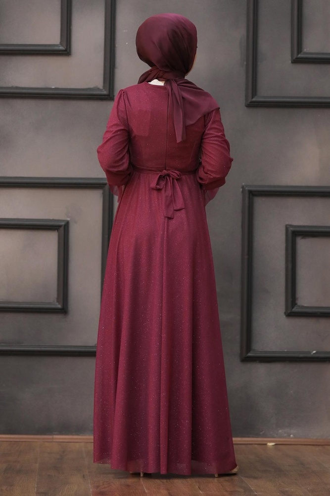 Tesettürlü Abiye Elbise - Robe de soirée hijab cerise 22202VSN - 4